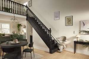 straight stairlift unfolded on bottom of steps - Charlotte NC