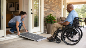 Portable aluminum wheelchair ramp safely positioned across a low doorway threshold for temporary residential access.