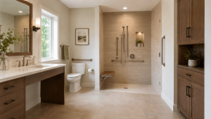 Wheelchair accessible bathroom featuring a low-entry shower, transfer seat, handheld controls, nonslip floor, and professionally installed grab bars