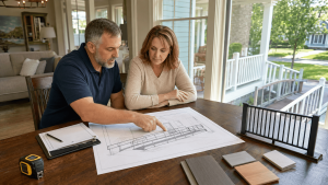 Homeowner and accessibility specialist reviewing wheelchair-ramp slope, landing dimensions, handrails, and applicable residential codes before installation.