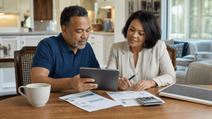 Charlotte homeowner reviewing financing options for a wheelchair ramp and other accessibility modifications with a Carolina Home Access specialist.