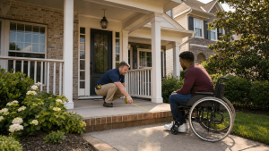 Wheelchair user and Certified Aging-in-Place Specialist measuring a residential entryway before planning wheelchair accessibility modifications in Charlotte, North Carolina.