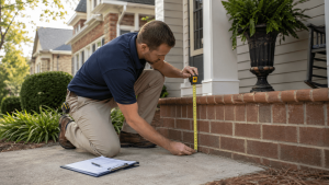Contractor measuring the total porch rise to calculate the safe length and configuration of a residential wheelchair ramp.