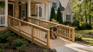 Custom wood wheelchair ramp designed to complement the porch, railing, exterior materials, and landscaping of a Charlotte-area home.