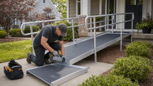 Modular aluminum wheelchair ramp with nonslip decking, secure handrails, and a level landing at a Charlotte home entrance.