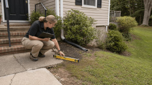 Contractor measuring porch rise to calculate wheelchair ramp length using the 1-to-12 accessibility slope guideline.