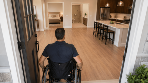 Residential floor plan illustrating an unobstructed wheelchair route connecting the entrance, accessible bathroom, bedroom, and kitchen