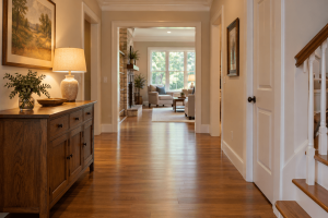 Clear hallway with improved lighting and no loose rugs to support safer movement for older adults