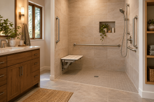 Accessible bathroom with a low-entry shower, grab bars, and seating for an aging parent.