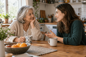 Adult daughter listening to her mother discuss daily challenges and home changes for aging in place.